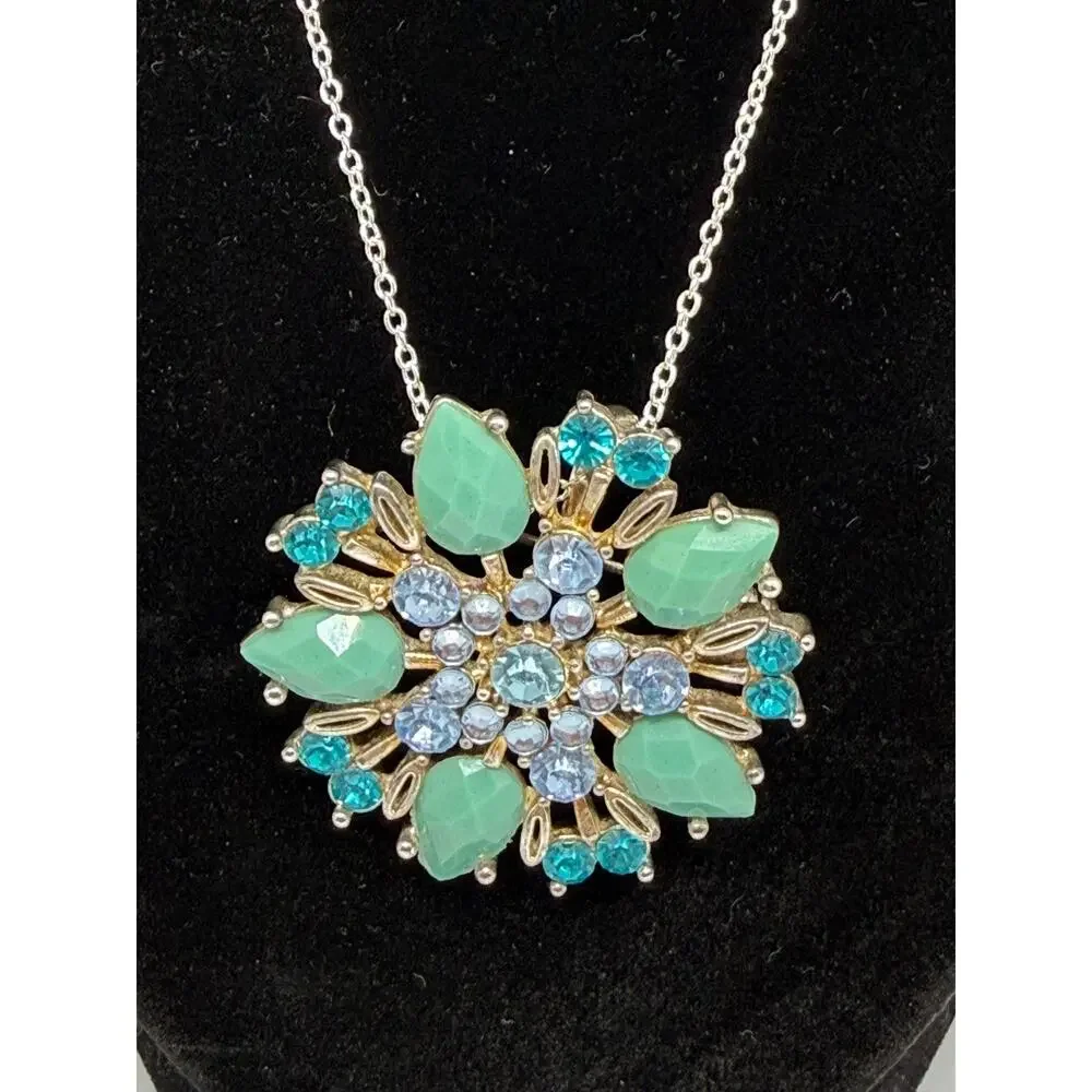 VINTAGE Brooch Pendant Aqua Rhinestone Seafoam Starburst Floral Gold Tone Pin